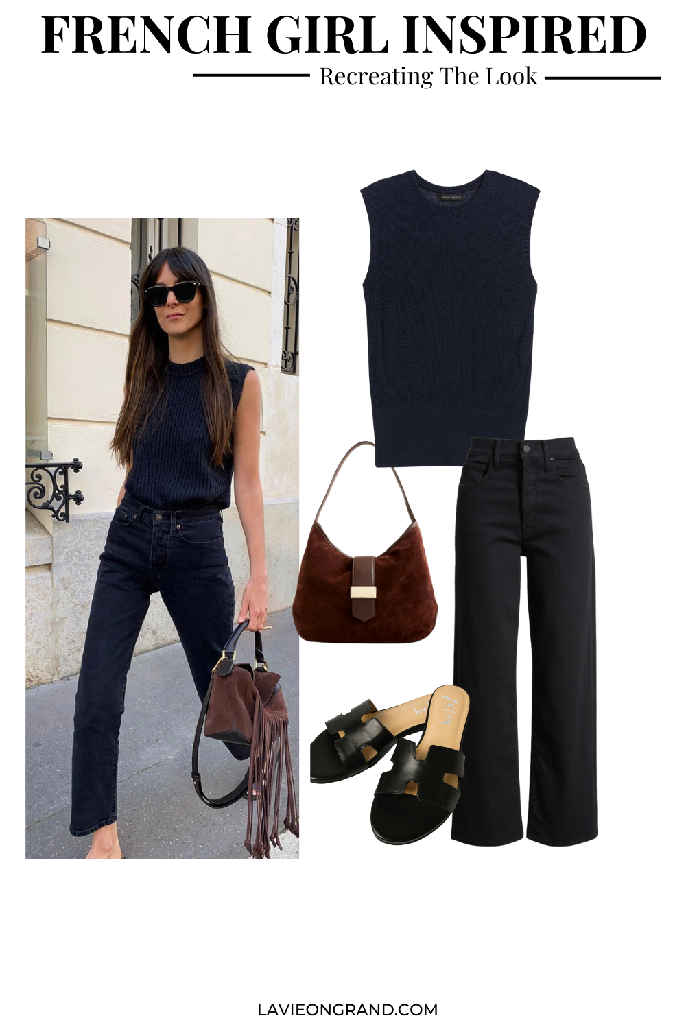 French girl fashion French Fridays Week 25 Woman wearing navy sweater with black denim in Paris for French Fridays Week 27