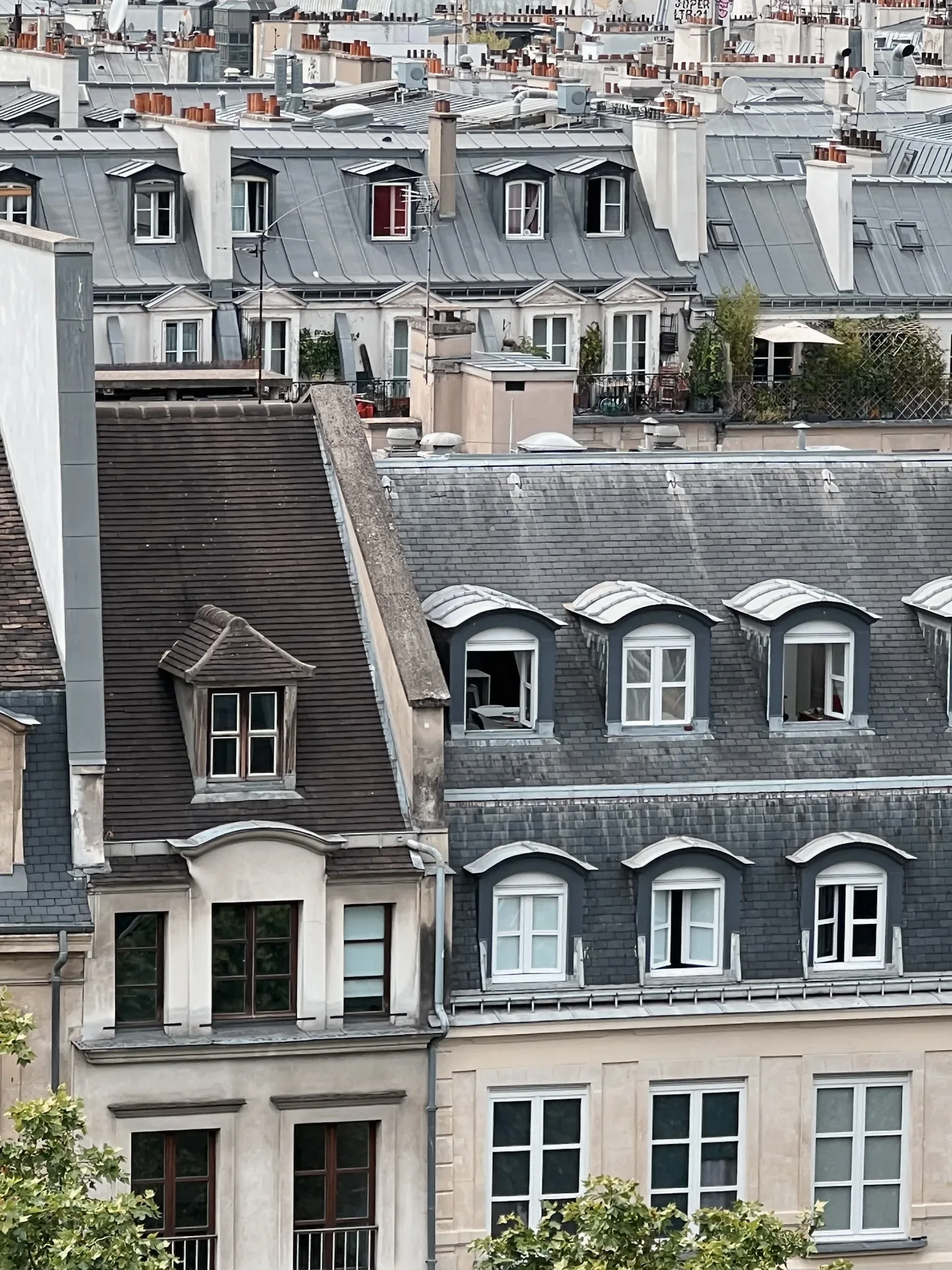 Outside facades of buildings in Paris with cream exterior.