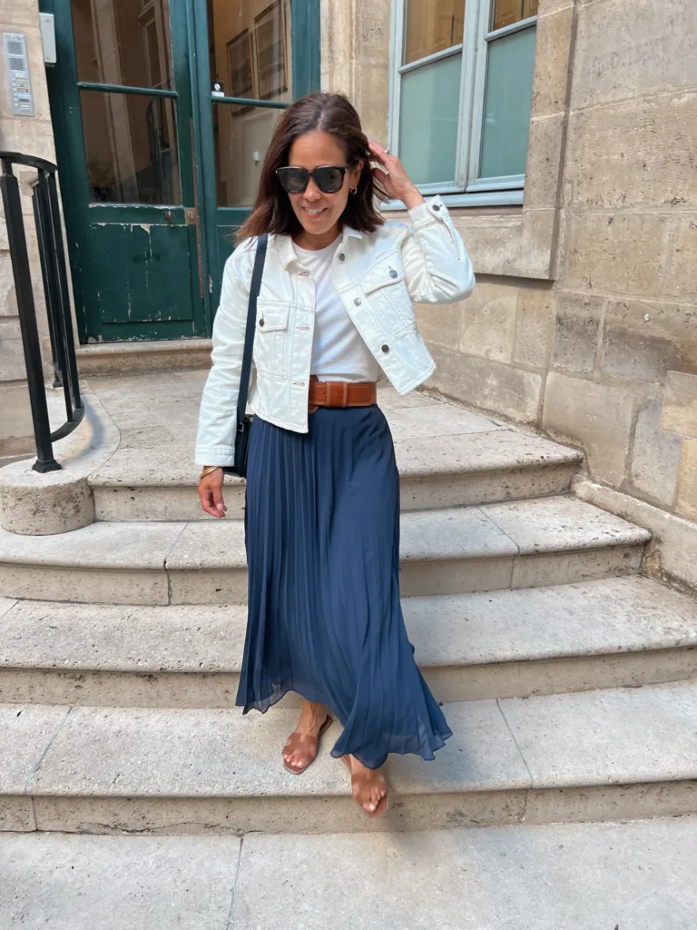 Paris Outfits in July Part 2 | navy skirt and white jacket.