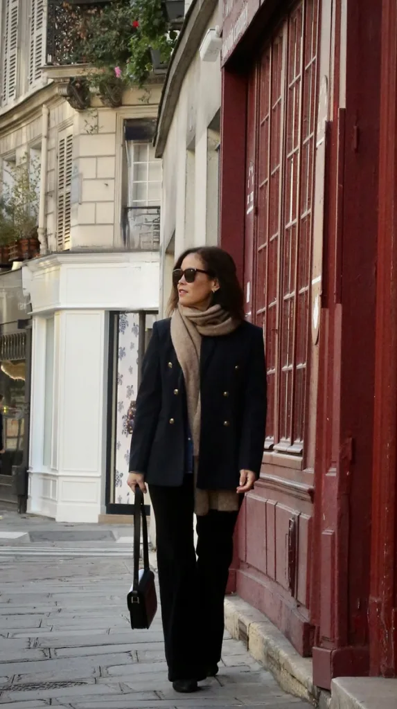 Lady wearing brown scarf with black blazer for what to pack for paris in fall.