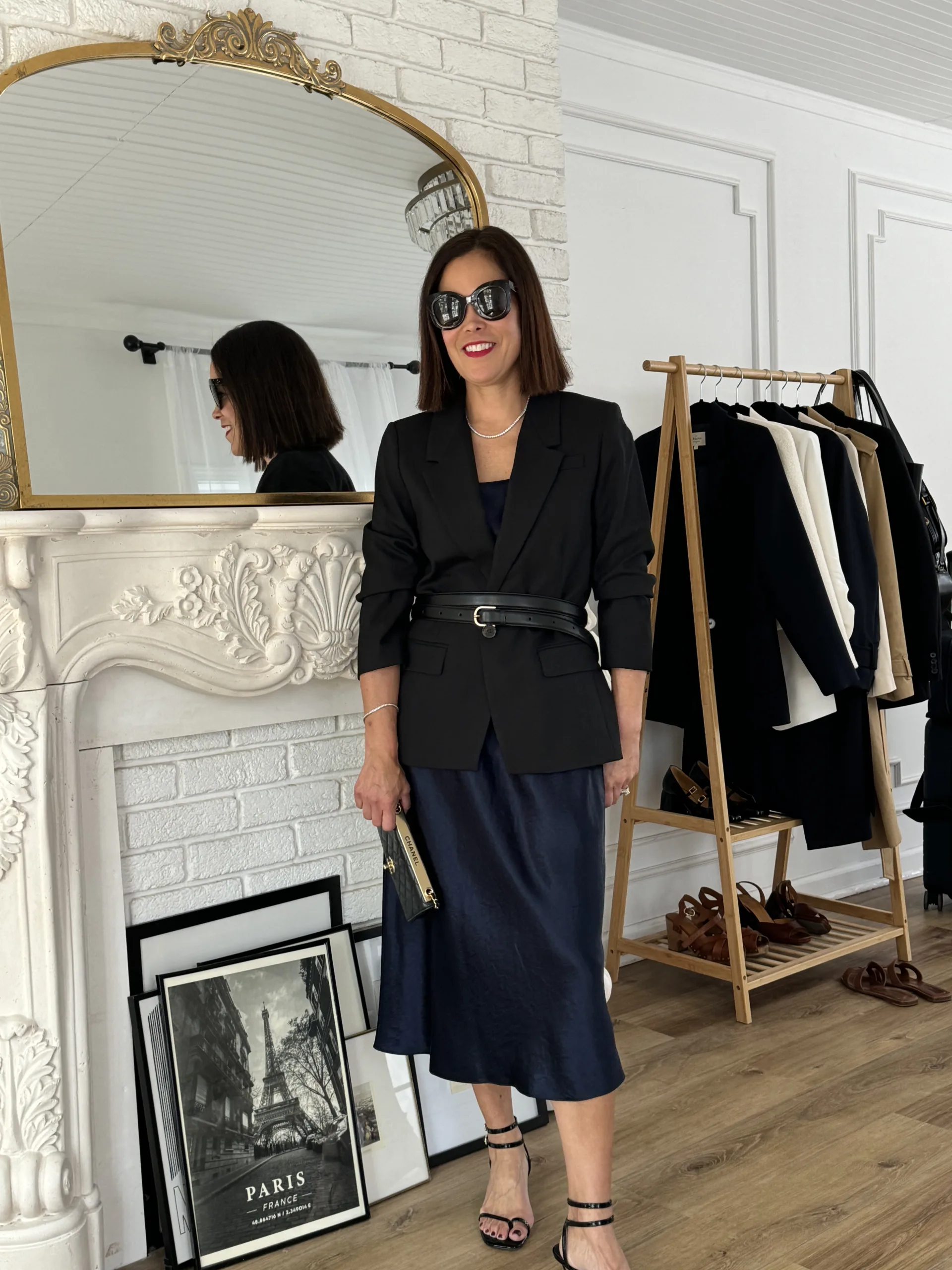 What to wear to dinner in Paris with a slip dress and black blazer for women.