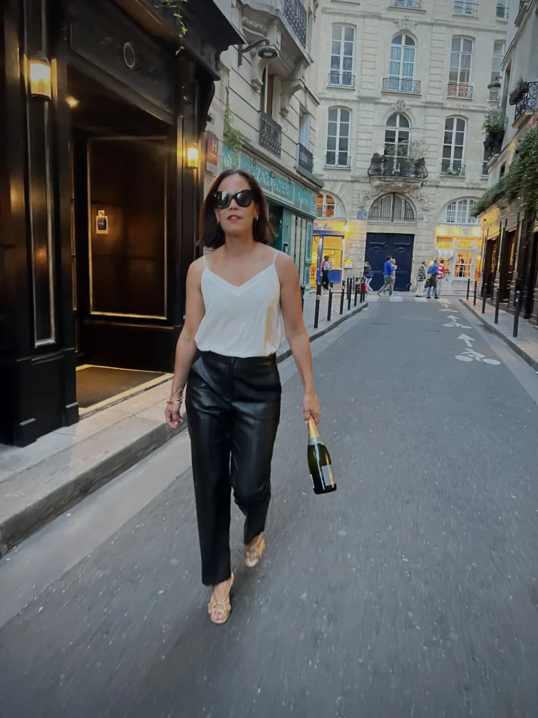 faux leather pants and cami Parisian street style in October