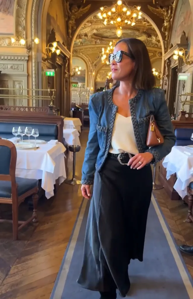denim jacket and maxi skirt Parisian street style in October
