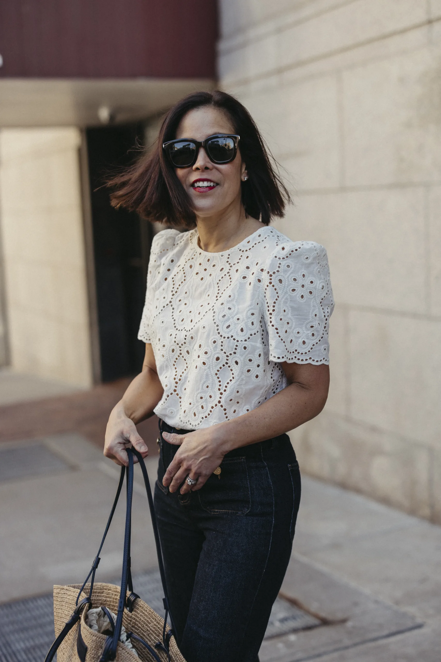 Woman wearing annabelle blouse | A Guide To Sézane Sizing