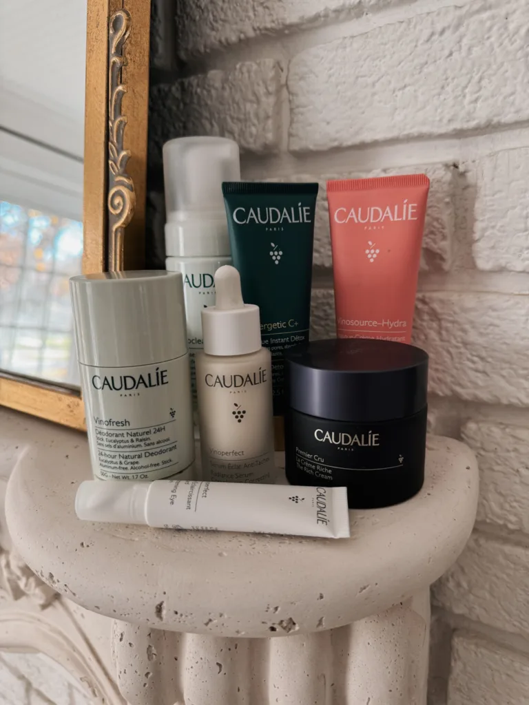 Caudalie beauty favorites sitting on mantle.