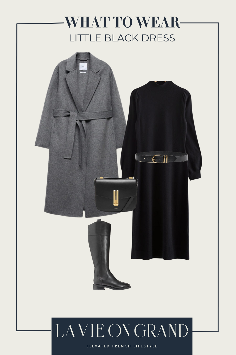 Grey coat with black dress Grey coat with black dress and boots for styling a little black dress.