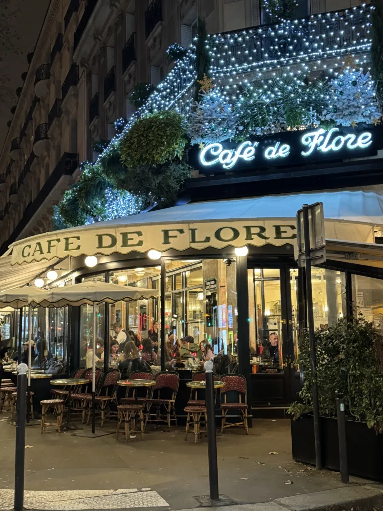 Cafe de Flore with lights at Christmas.