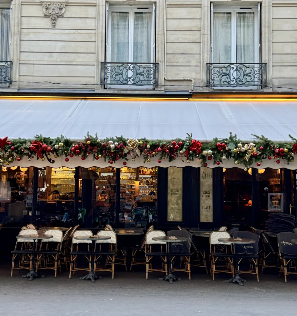 Les Antiquares in Paris with christmas lights.