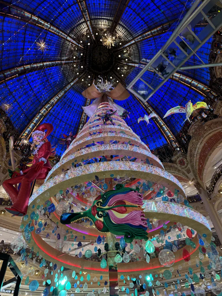 Looking up at Galeries Lafayette tree in Paris during Christmas.