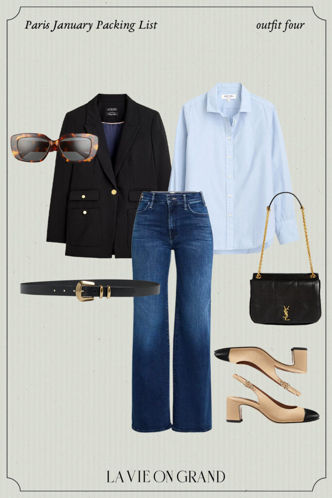 Winter paris jeans outfit Denim jeans, black blazer outfit combination to wear in Winter.