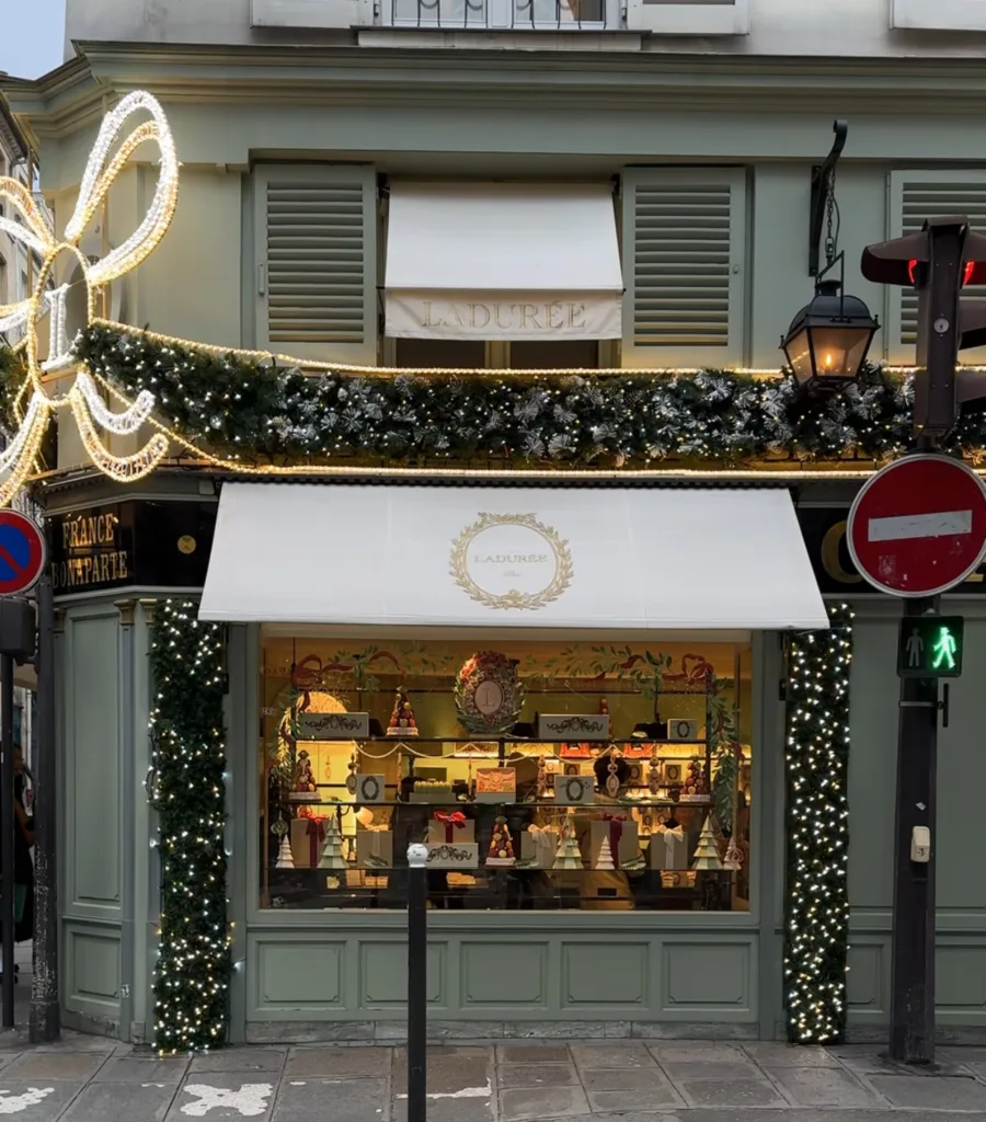Front of Laduree in Paris at christmas.