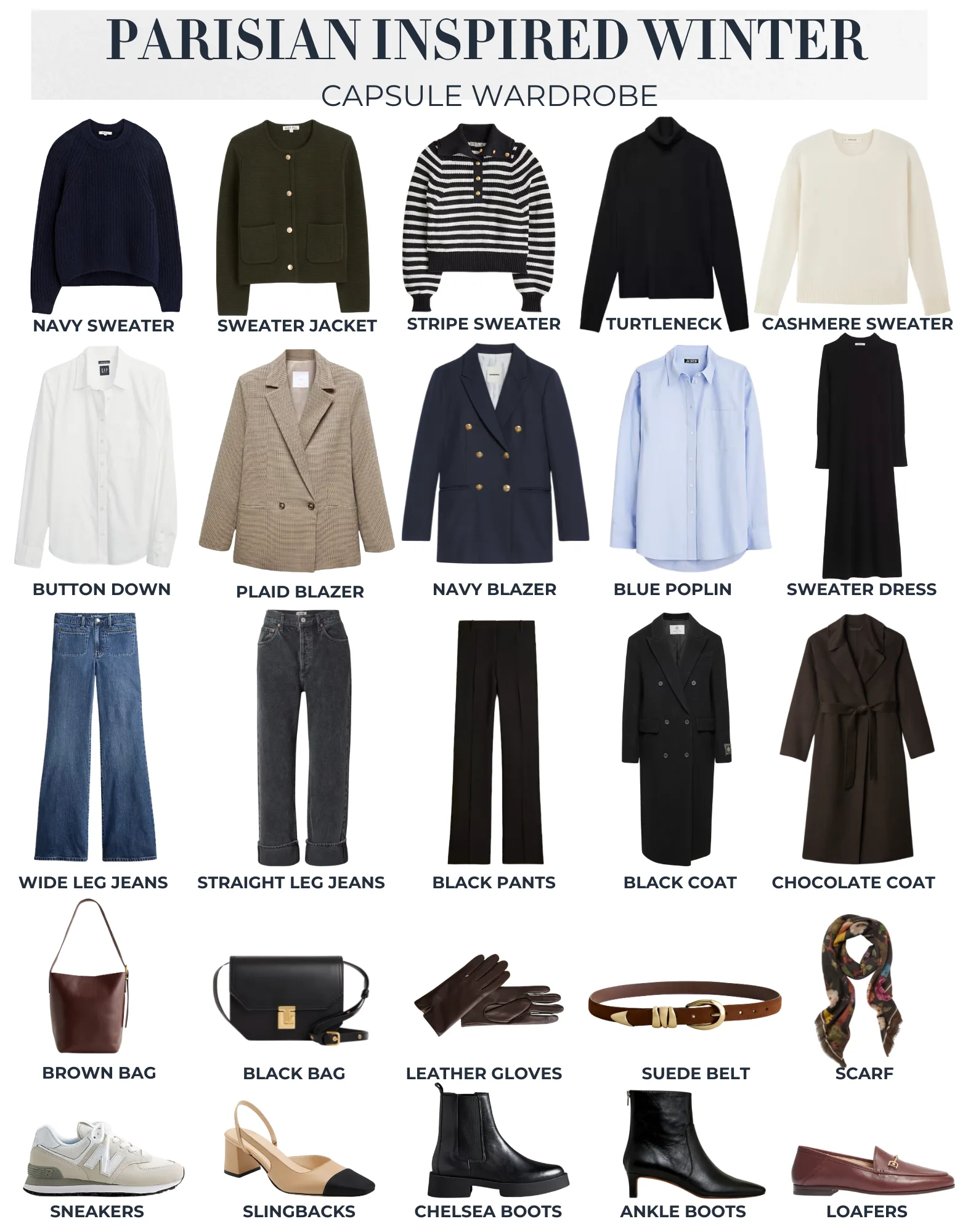 graphic of parisian inspired pieces for a winter capsule wardrobe.