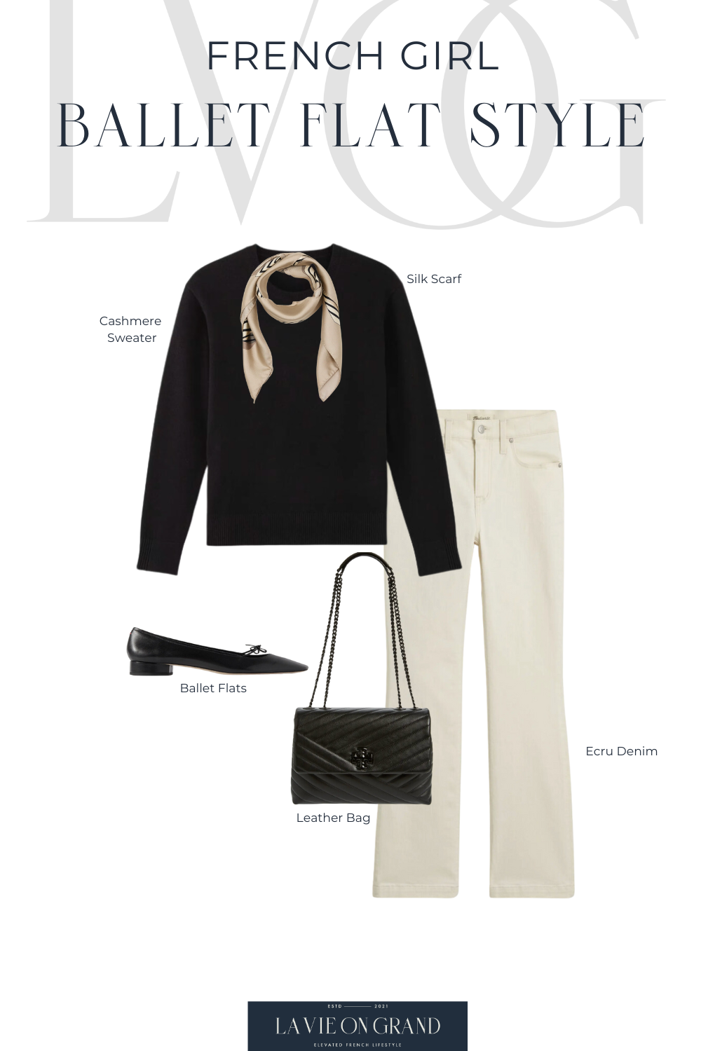 How to wear ballet flats like a French woman with a cashmere sweater and silk scarf.