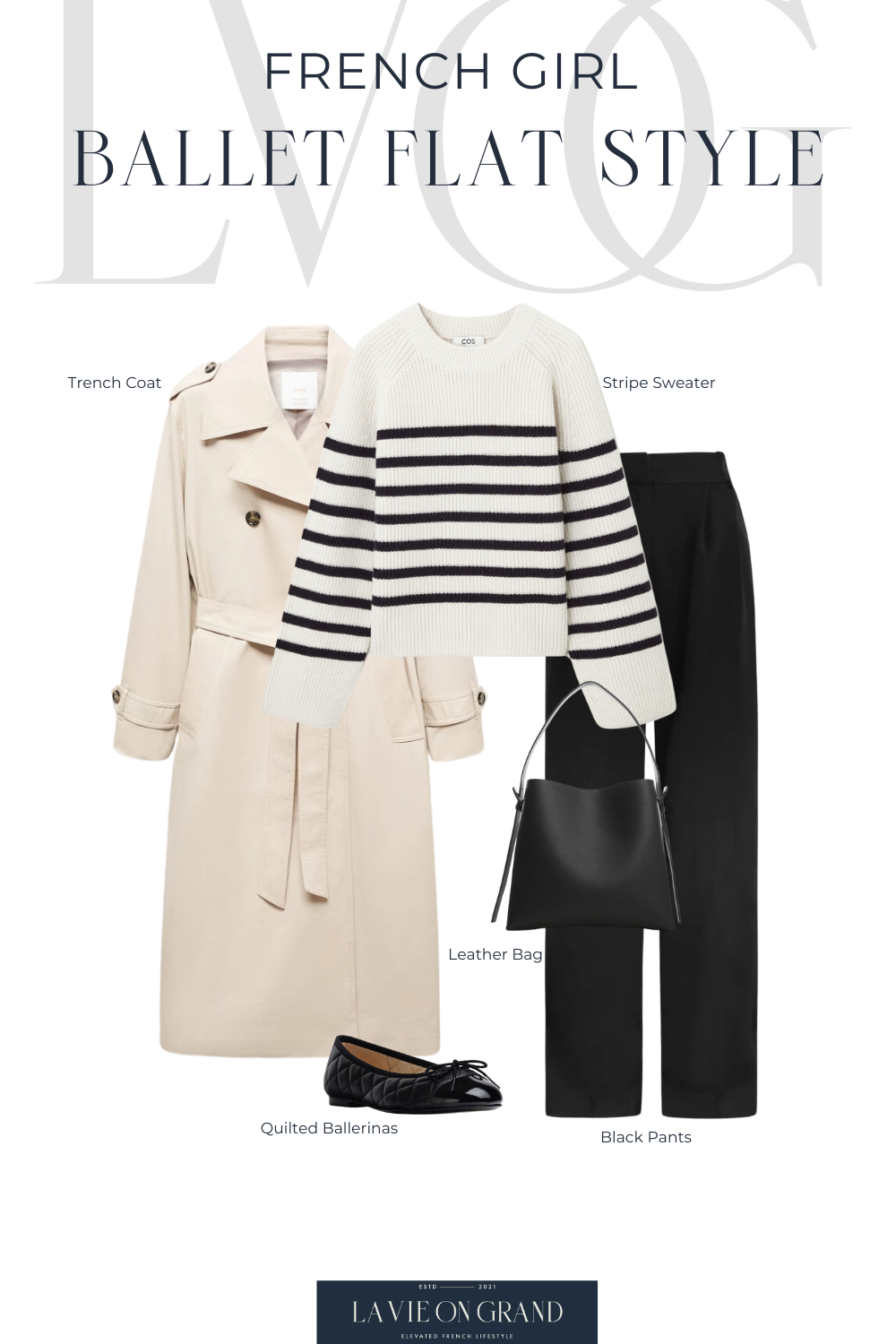 Wearing ballet flats like a French woman with a trench coat, stripe sweater for a classic, chic, look.