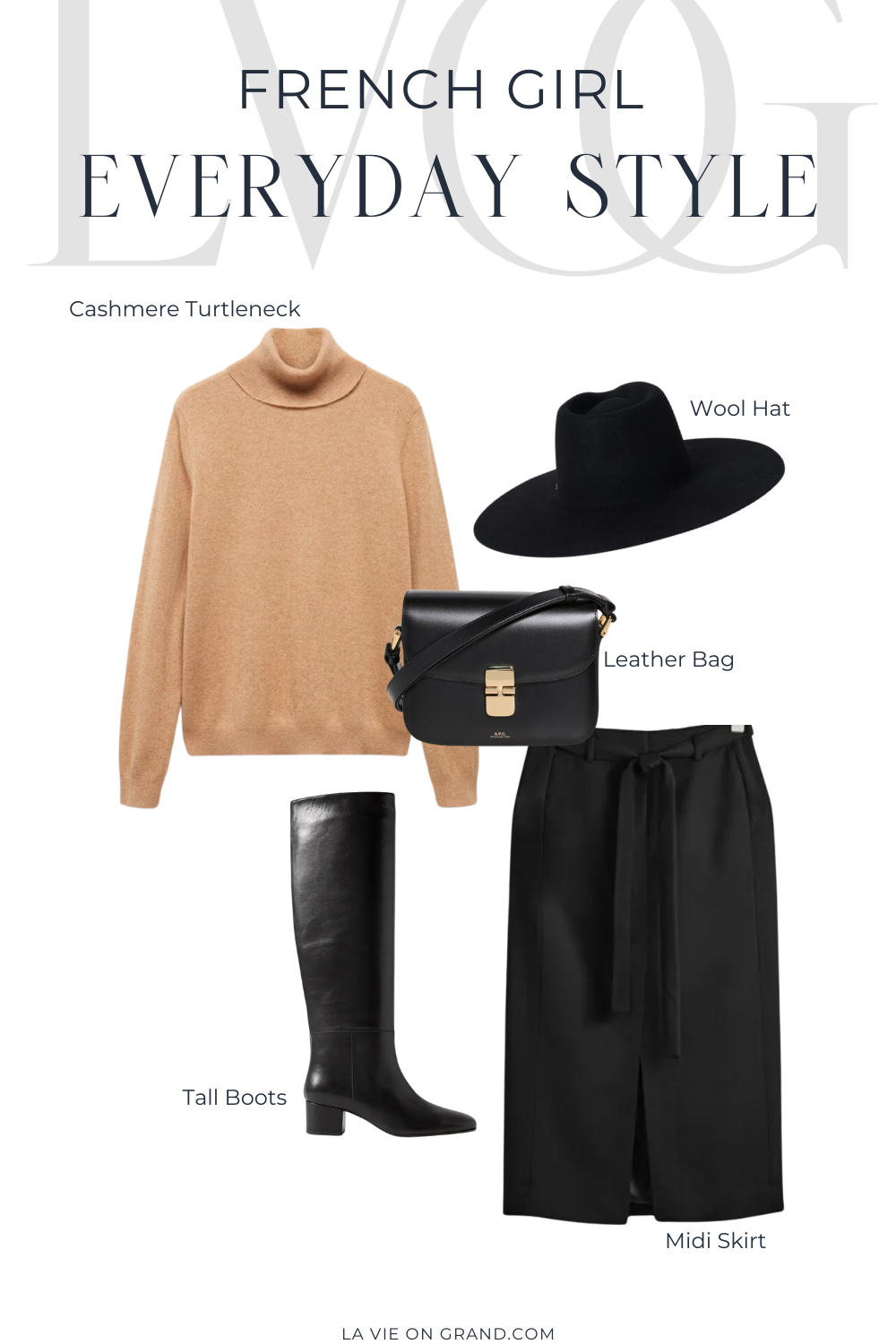 Black midi skirt with tall black boots and wool hat.