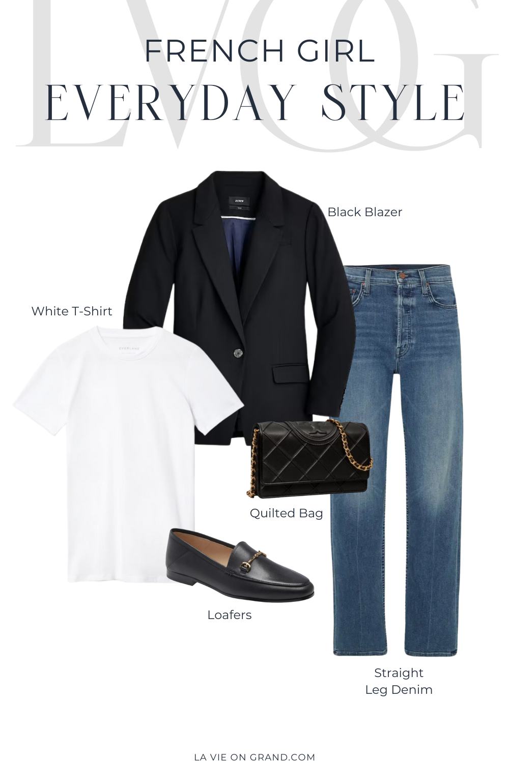 Graphic of denim with black blazer, t-shirt, loafers.