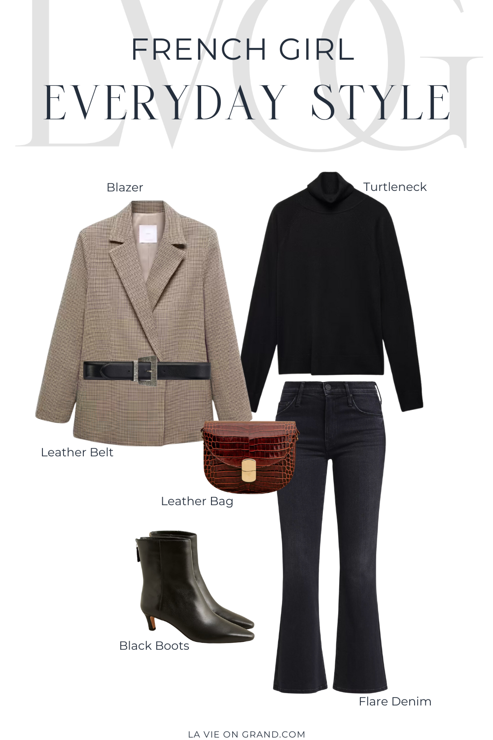 Graphic of blazer with black turtleneck and denim.