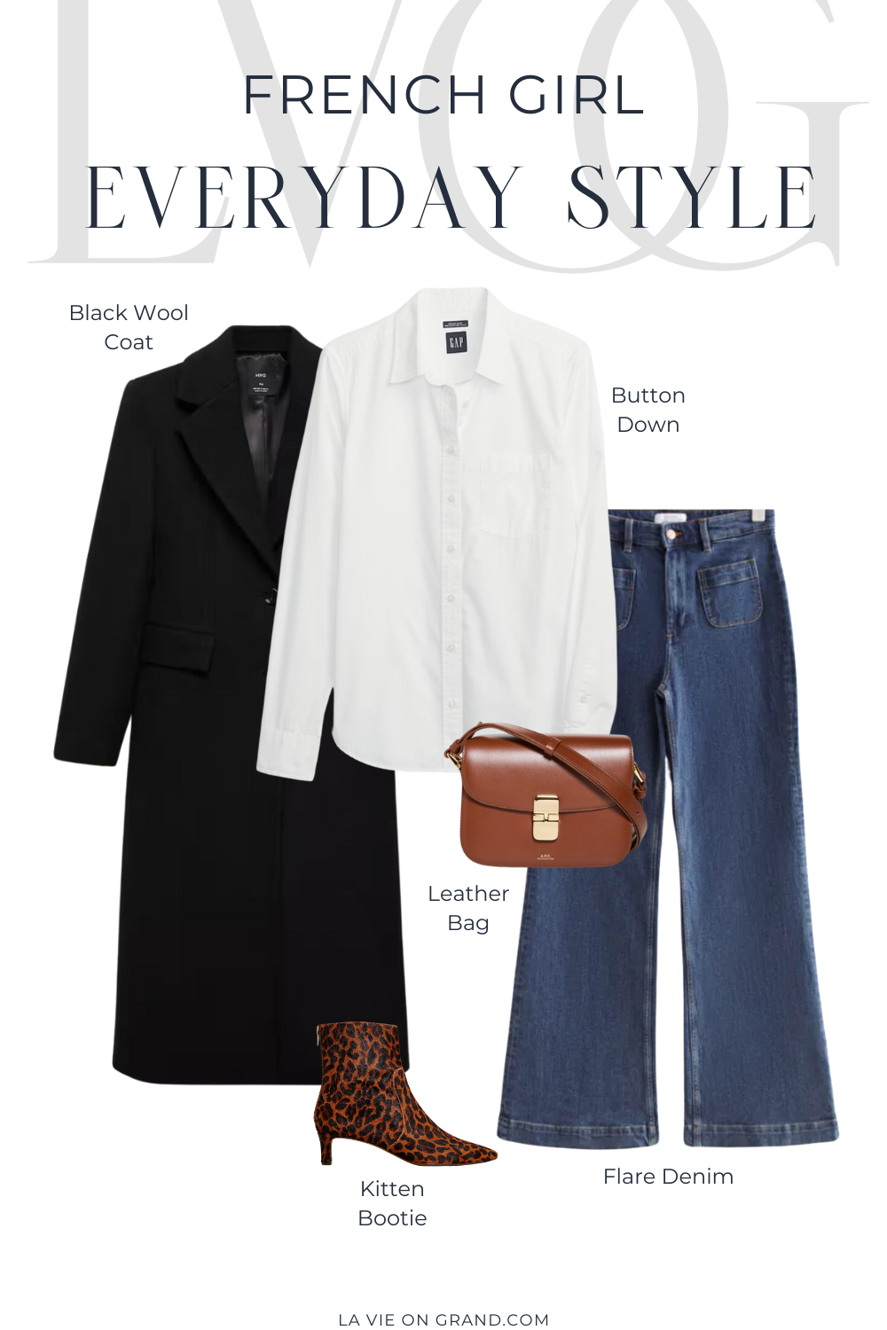 White button down with flare denim, kitten heels, black coat, and brown leather bag.