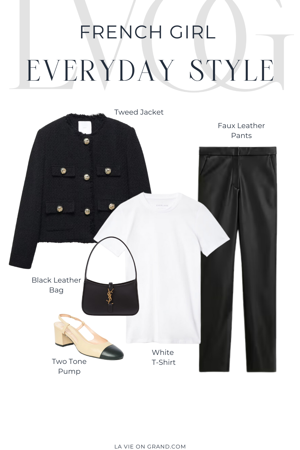 Black tweed jacket with faux leather pants, and white t-shirt.