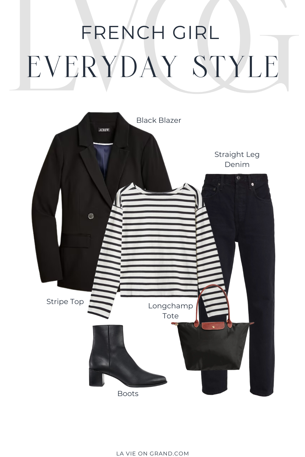 Black blazer with striped tee plus black denim.