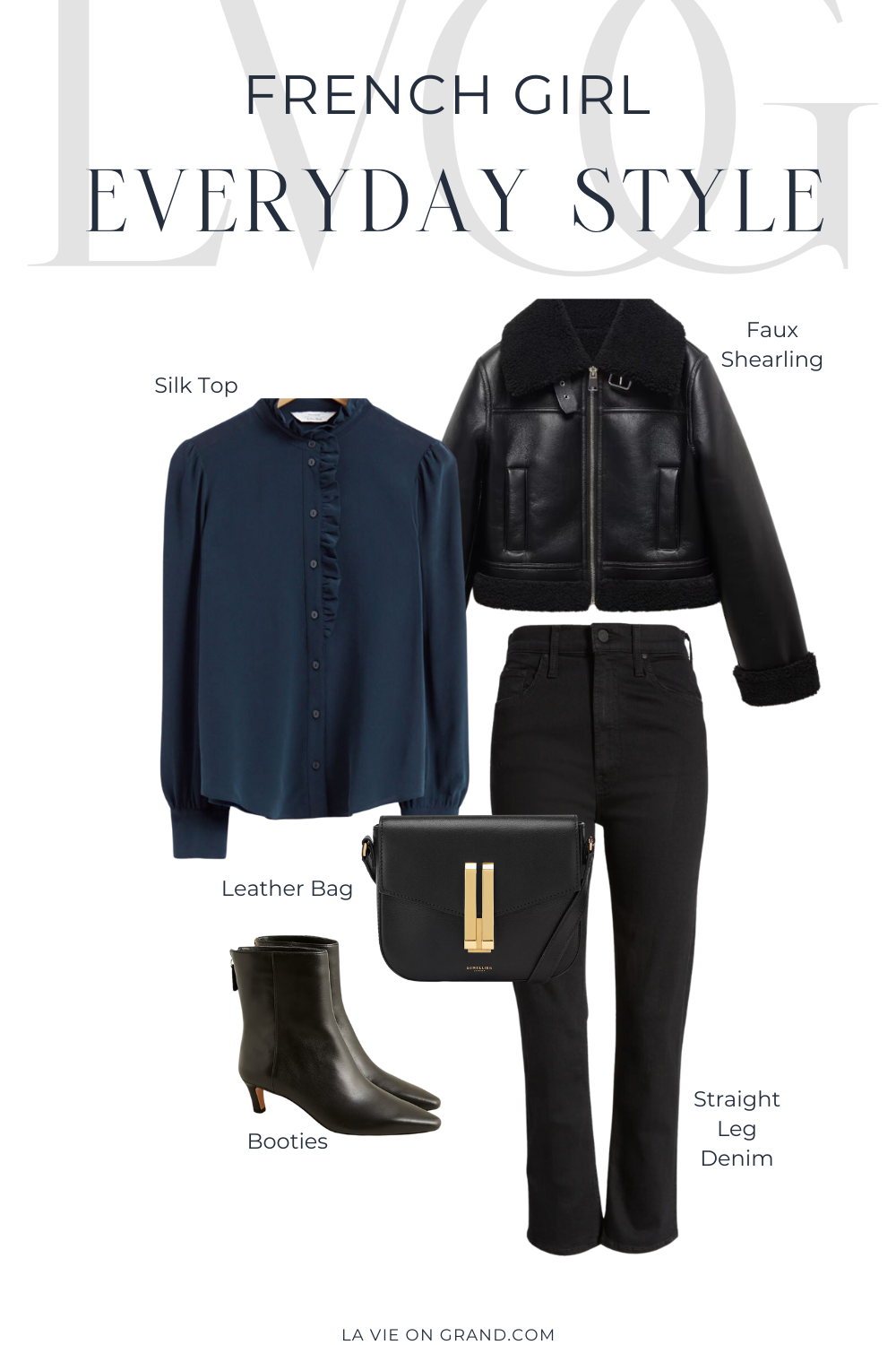 Navy silk blouse with black denim and boots graphic.