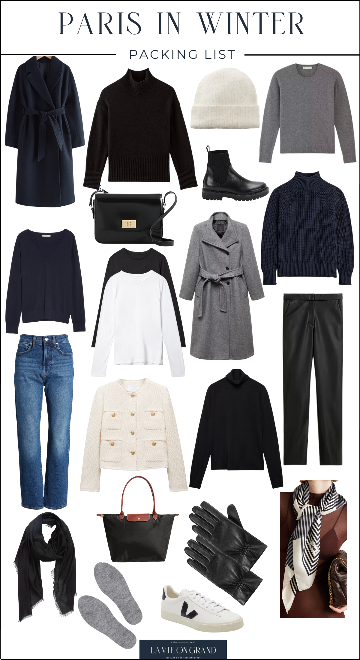 How To Pack for Paris in Winter with classic and chic pieces like jeans and sweaters.