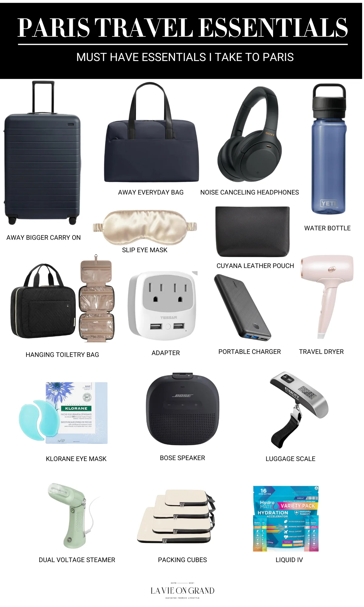 graphic of 16 essentials to pack for Paris.