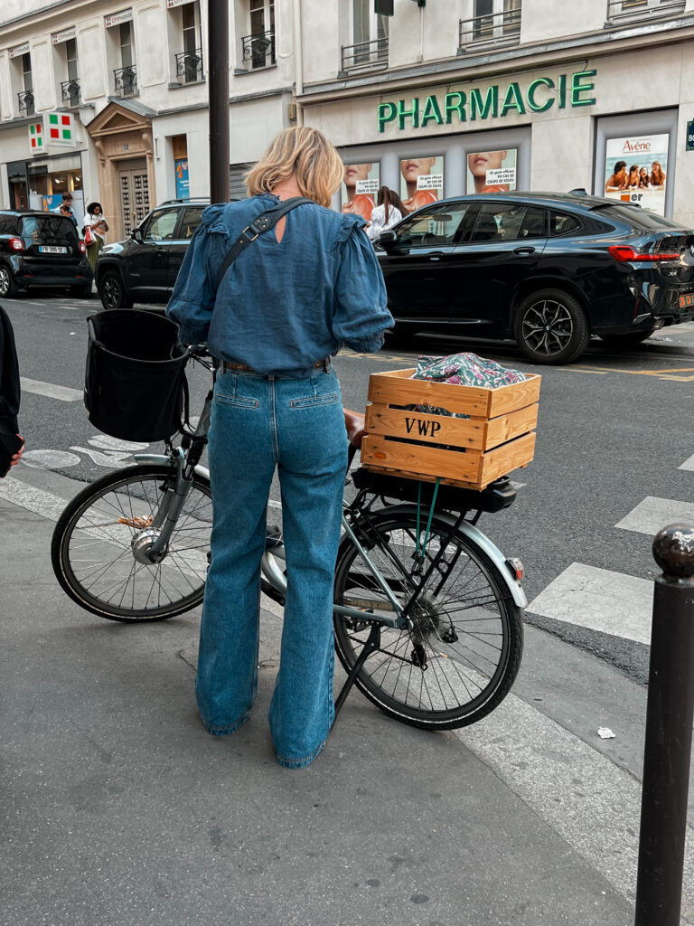 Lady wearing double denim outfit in Paris.