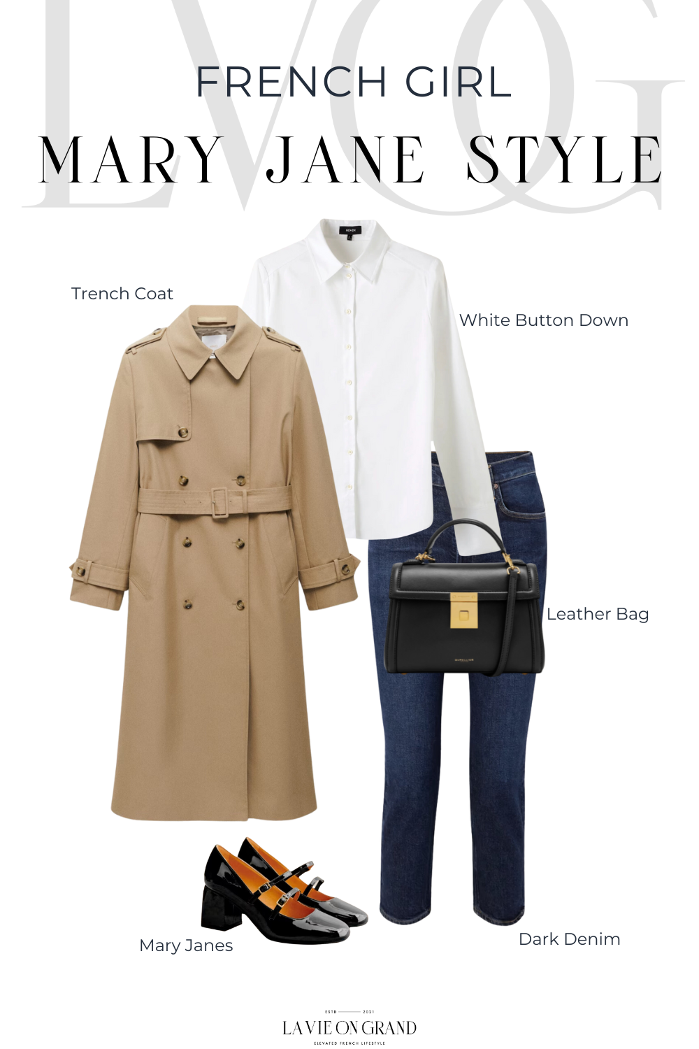 How to style and wear Mary Janes like a French girl with a trench coat, jeans, and white button down.