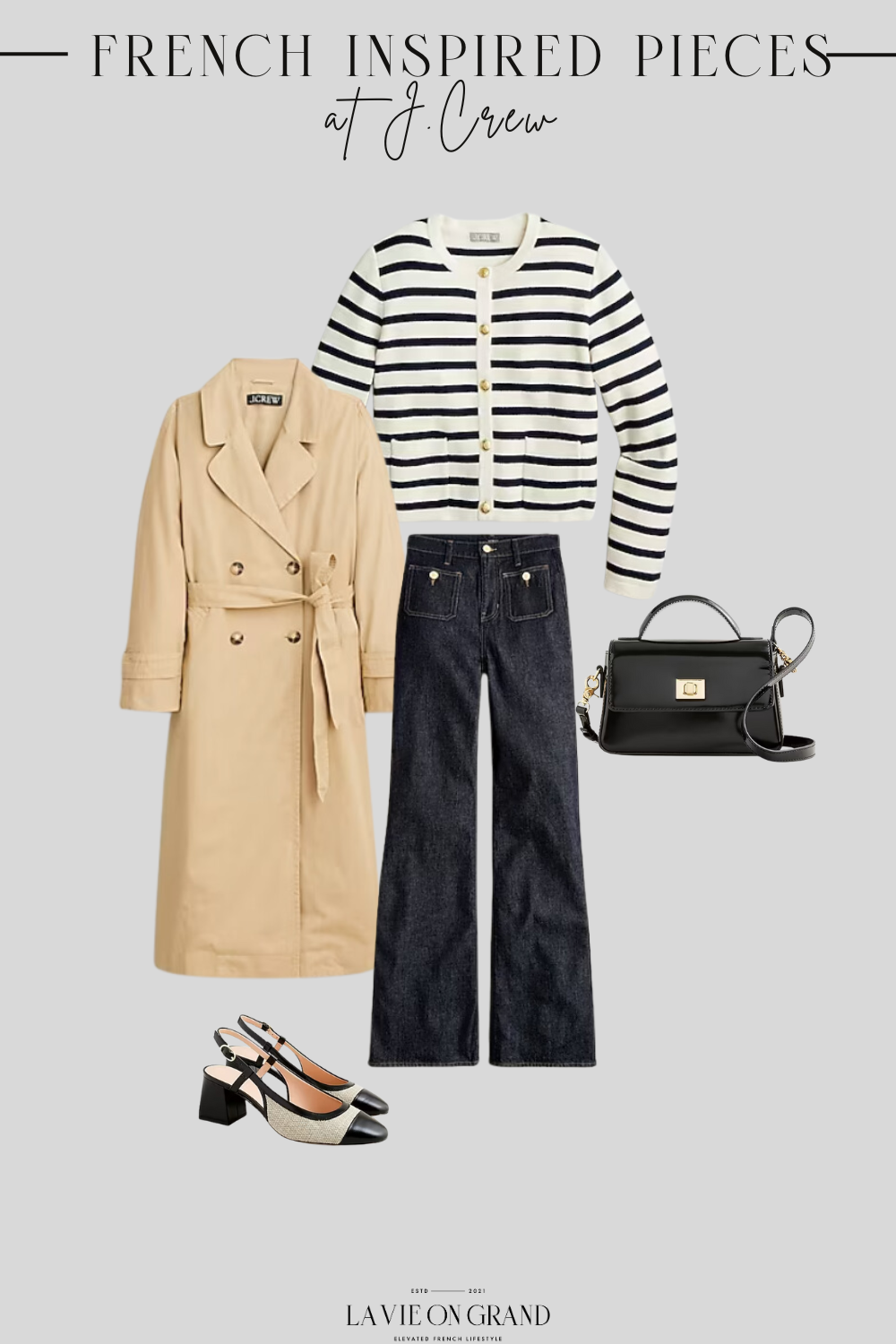Stripe Cardigan with Trench Coat and dark denim for French inspired clothing.