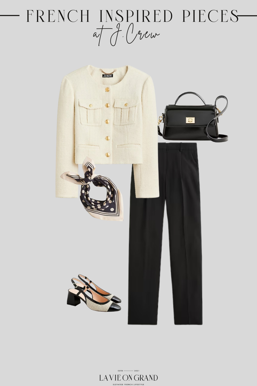 Where to buy French inspired clothing. Tweed jackets, black pants, and slingbacks.