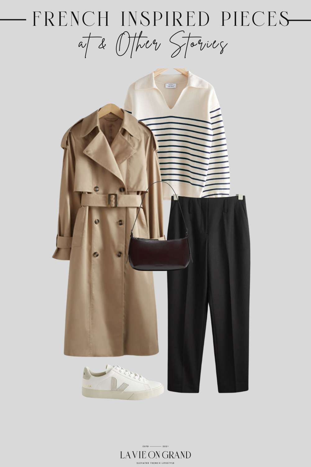 Where to buy French clothing brands. Striped Top, trousers, and trench coat.