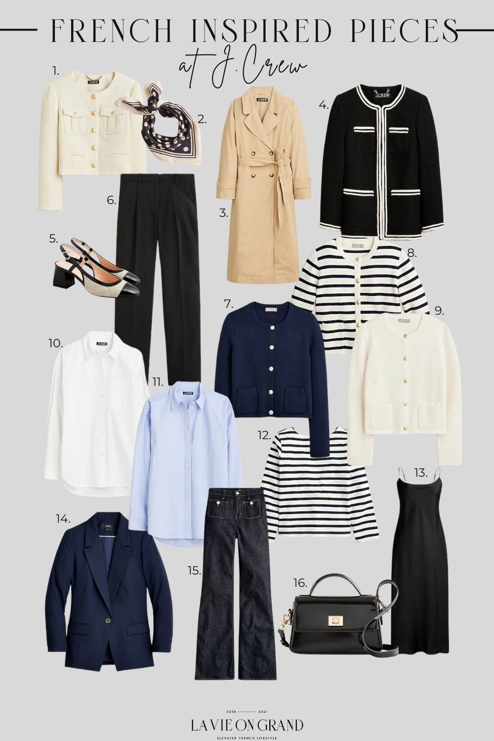Where to buy French inspired clothing pieces like J.Crew with striped cardigans and trench coats for that classic, chic style.