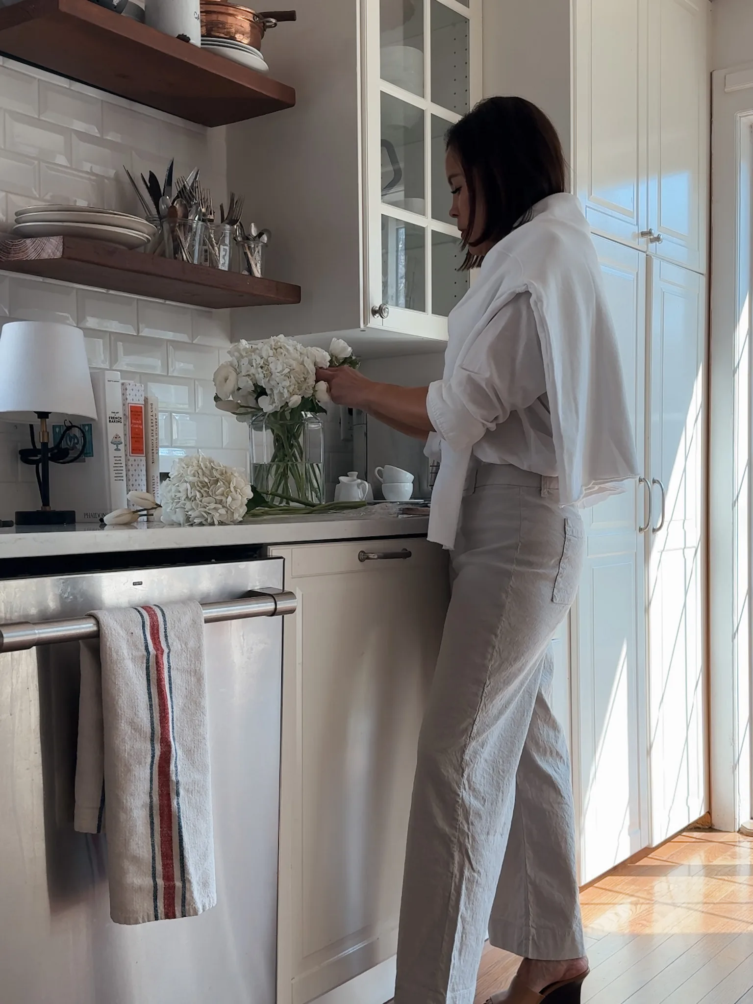 wearing frank and eileen pants and button up.