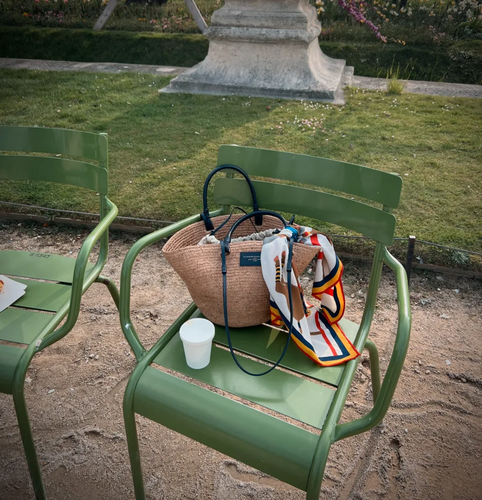 Packing for Paris in may with a market tote and scarf.