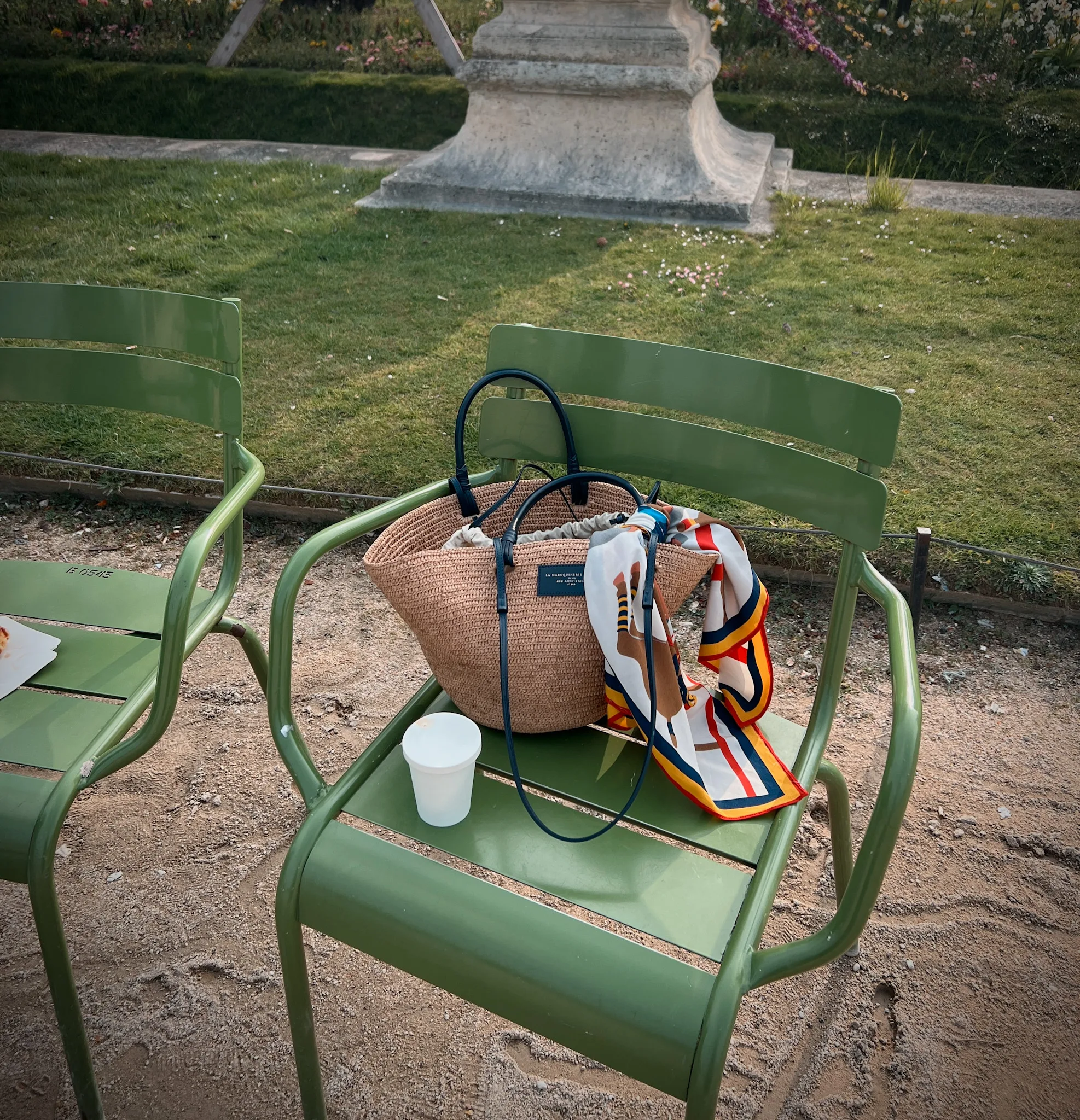 Packing for Paris in may with a market tote and scarf.