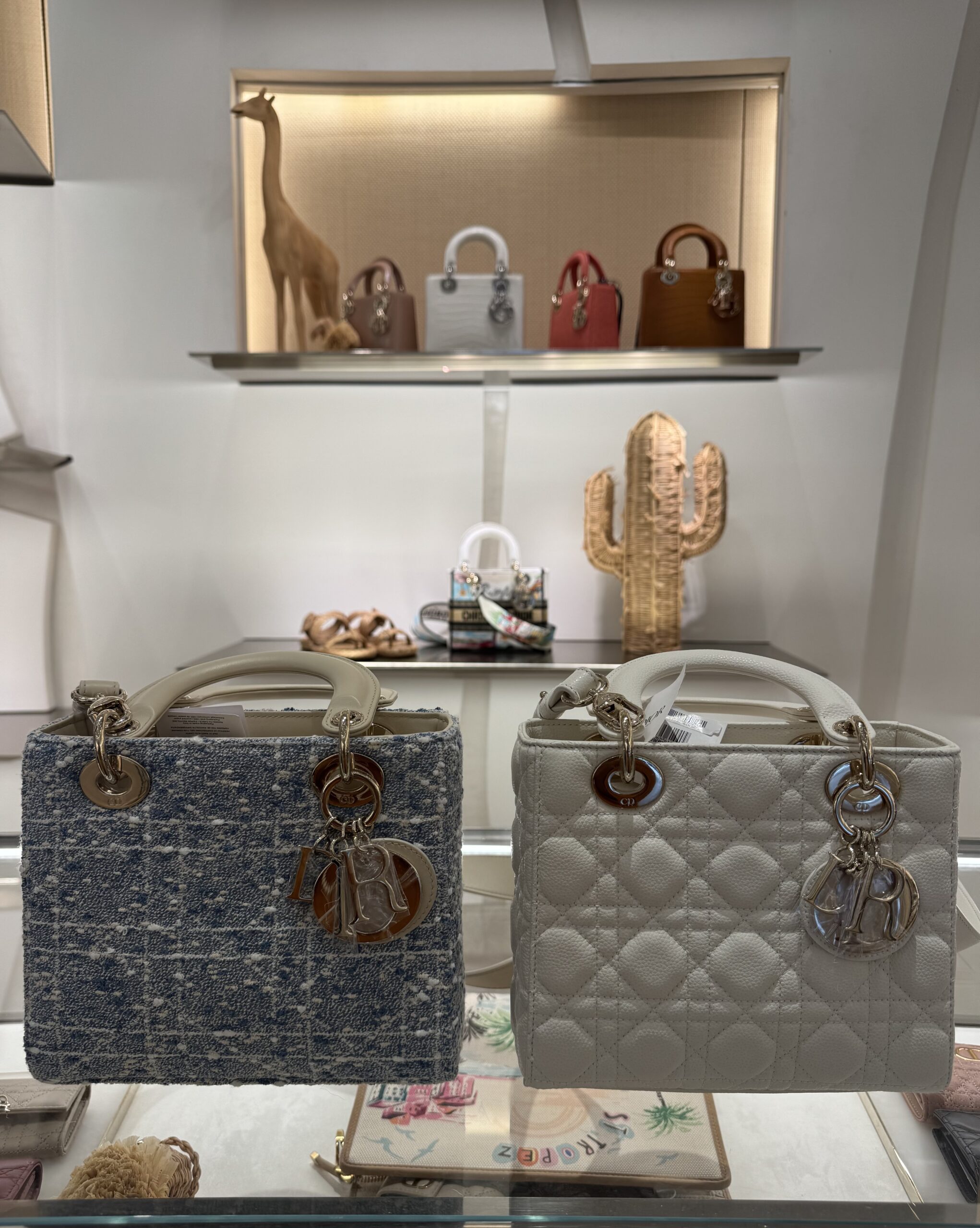 Two Lady Dior bags featuring quilted leather and elegant Parisian design sitting on counter of Dior store in Paris.