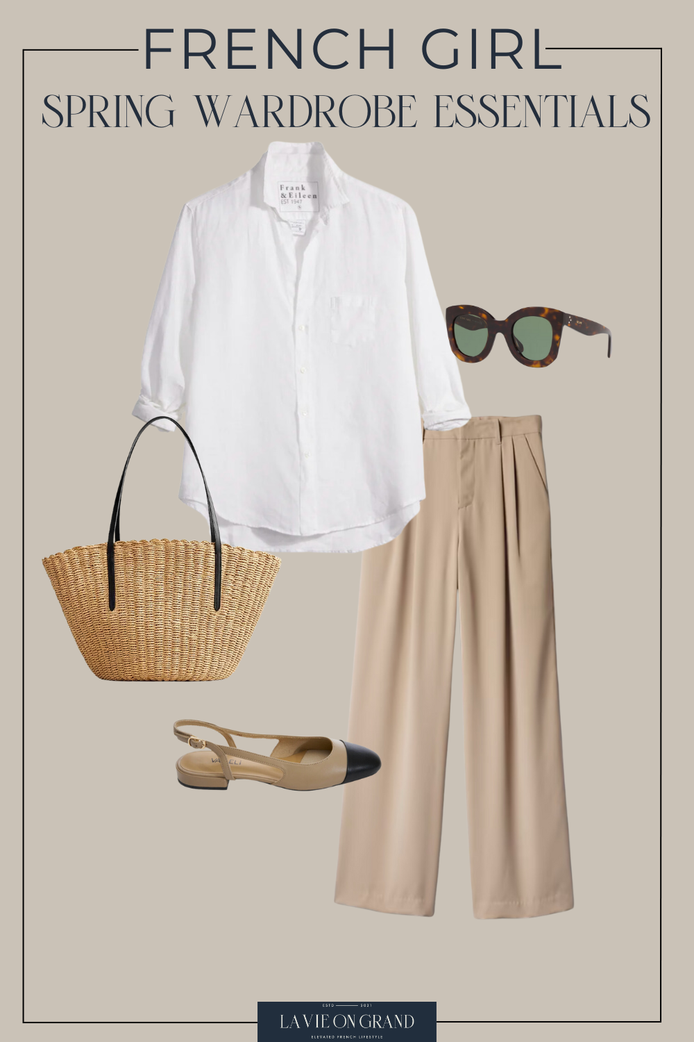 Graphic of brown trousers with white top and slingbacks for spring french look.