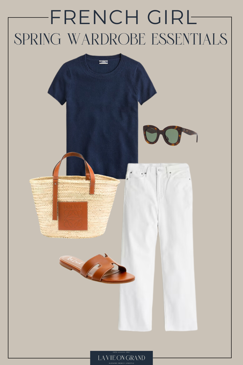 Navy cashmere top with white denim and sandals for a chic french spring look.