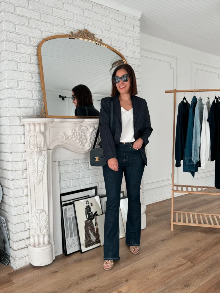 Navy blazer with dark denim and gold sandals for outfit inspiration for Paris in spring.