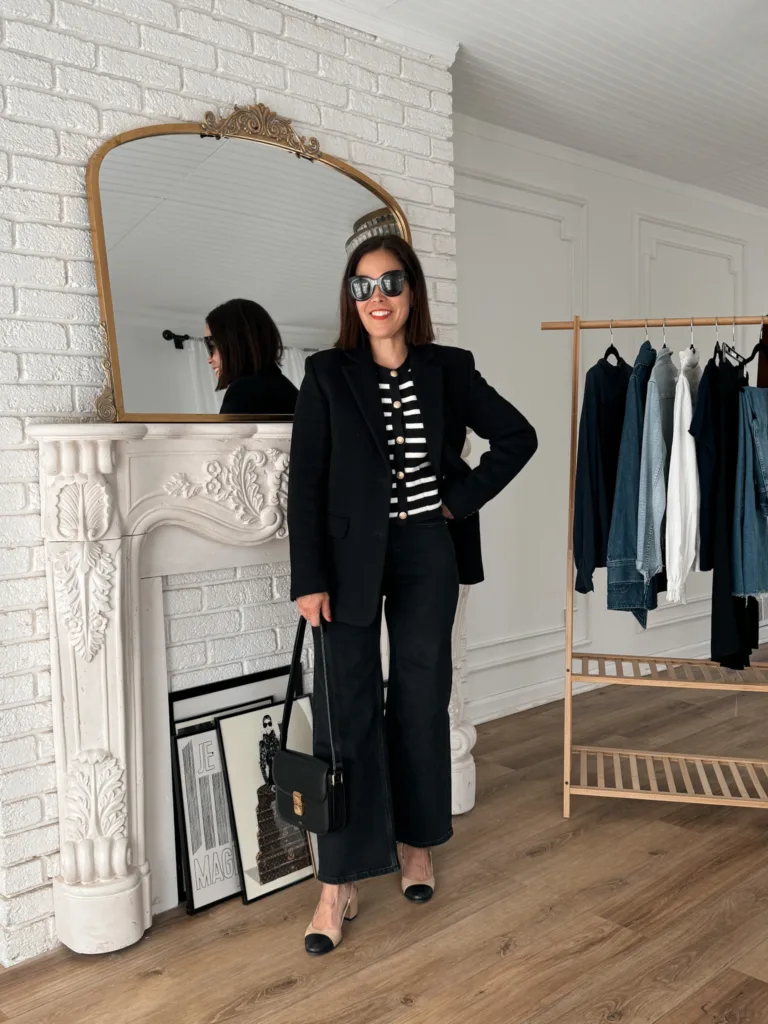 Black blazer with stripe sweater and black jeans for outfit ideas for Paris.