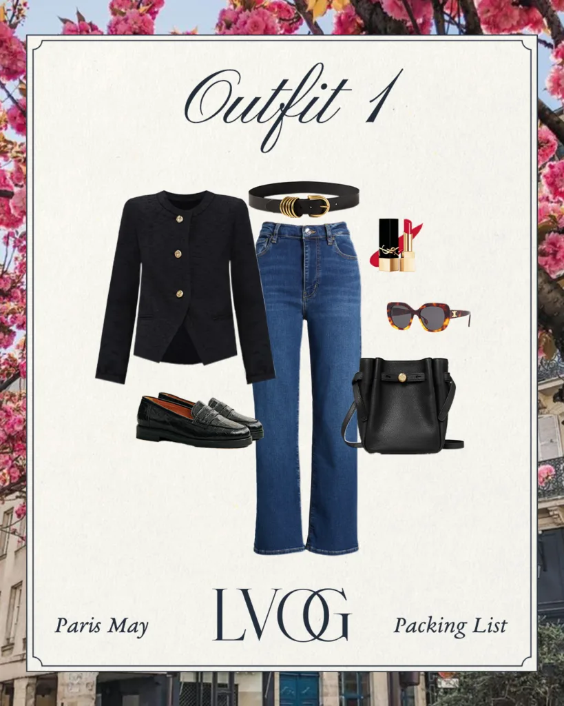 Tweed jacket and denim outfit for may