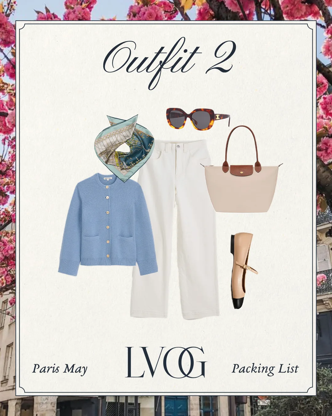 Blue sweater with white pants and ballet flats for paris in may.