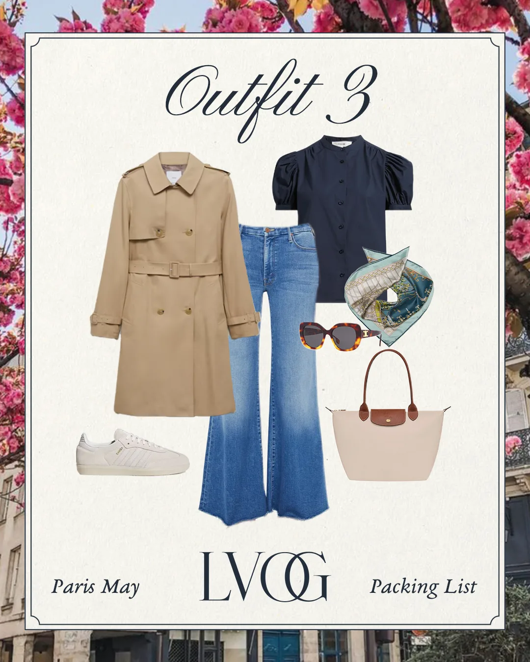 Denim with a trench coat, longchamp and navy top.