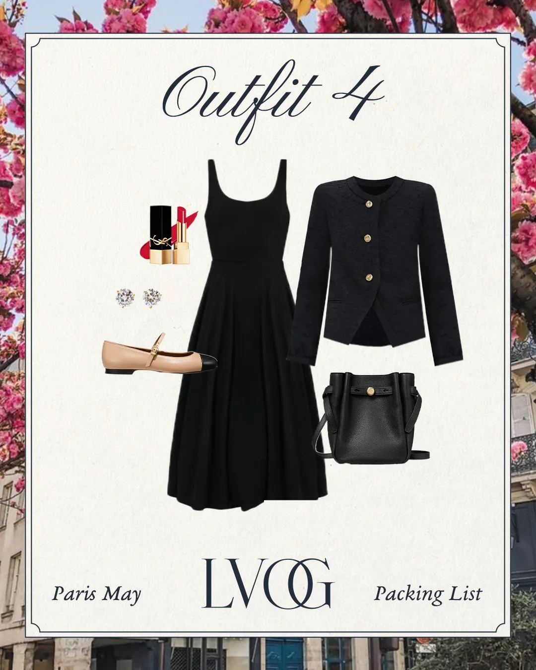 black dress with black tweed jacket ballet flats, red lipstick in paris in may.