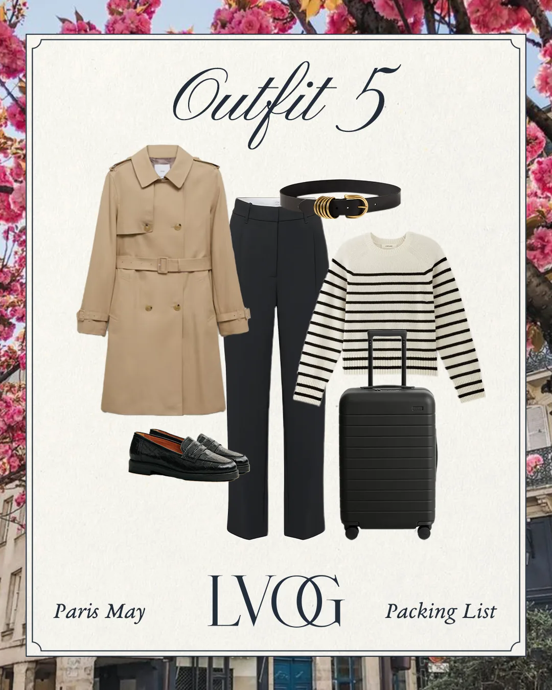 packing for paris with stripe sweater, trench coat, and pants graphic.
