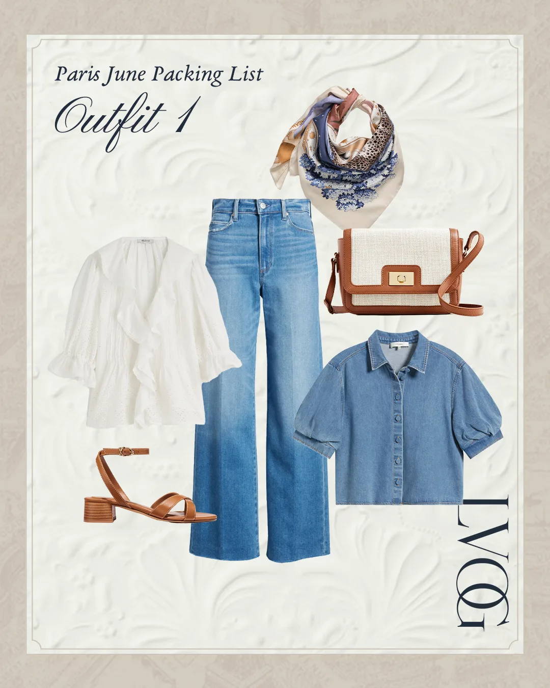 Denim shirt with jeans and sandals graphic.