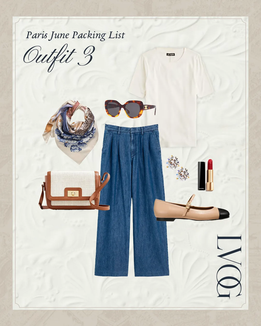 Graphic of denim with ballet flats and tshirt.