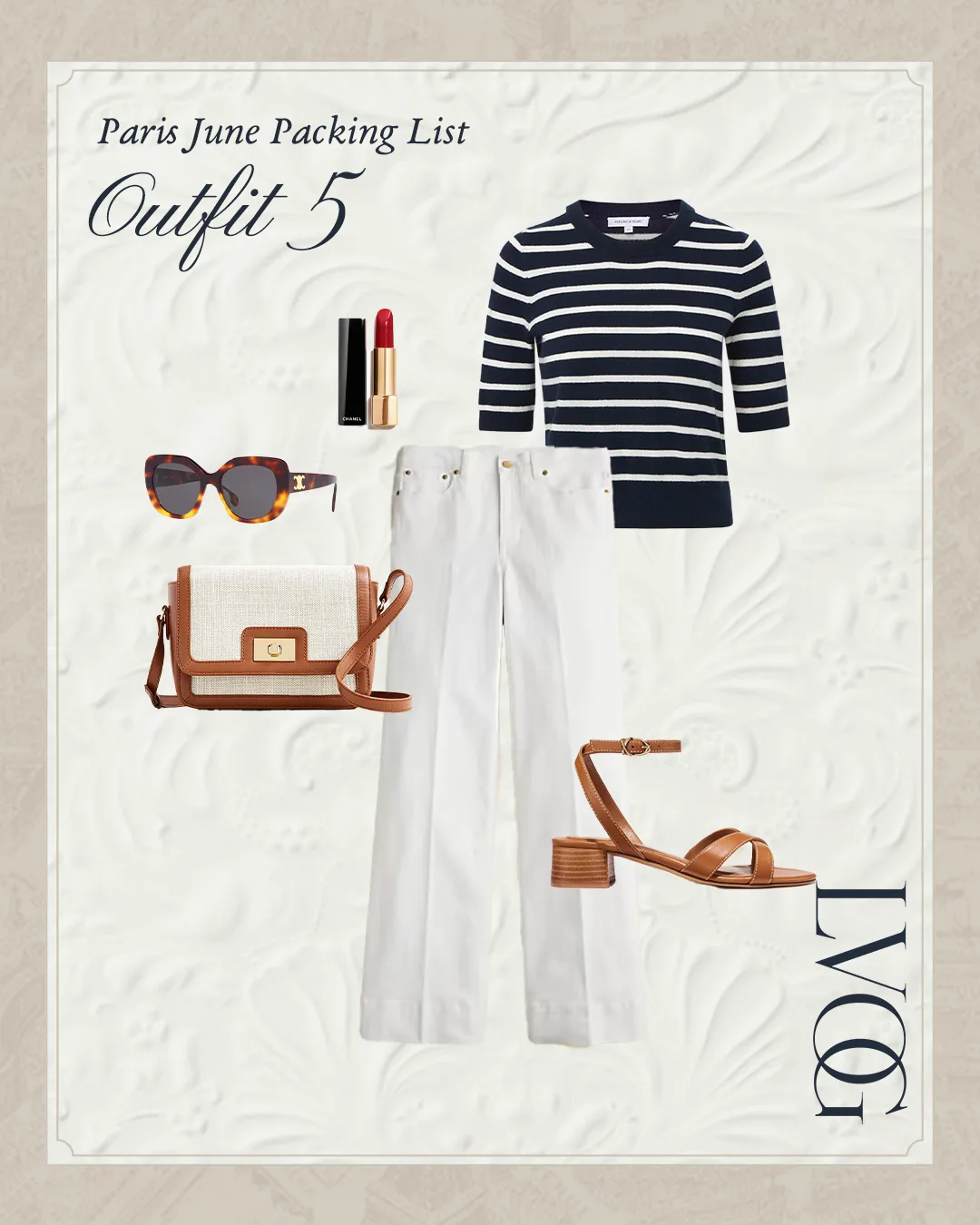 White denim and stripe top with sandals.