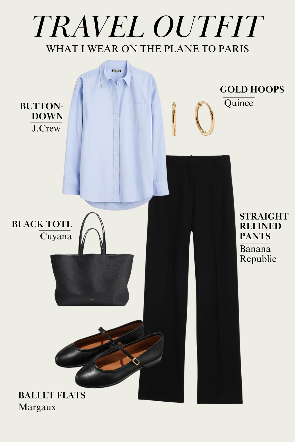 oxford shirt plane travel outfit Blue button up with black trousers, black flats and black tote- outfit to wear to paris.